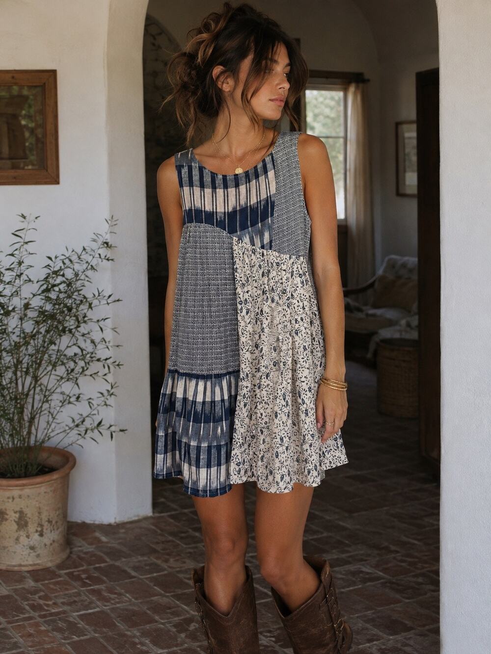 Anthropologie Holding Horses Blue Patchwork Swing Dress Boho Cottage Size XS